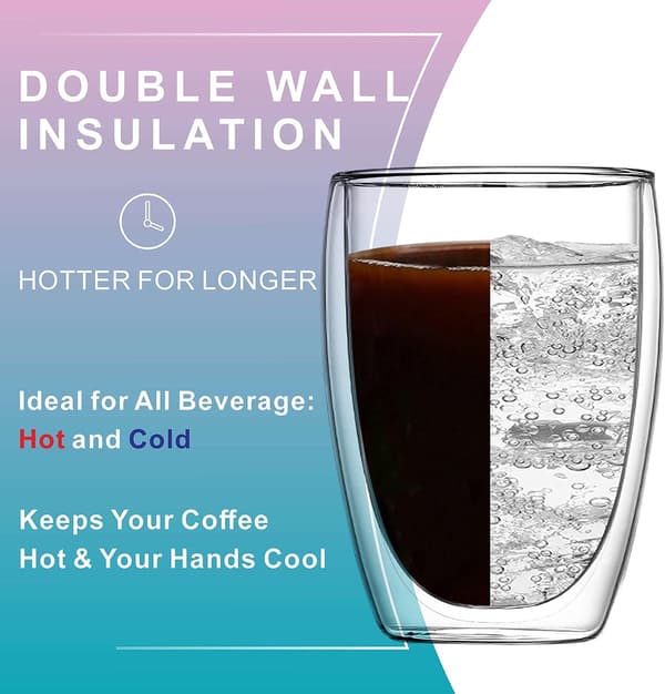 Dubbelväggiga isolerade glasmuggar (set om 2), kaffemuggar, tekoppar, dricksglas för kalla eller varma drycker (350 ml)