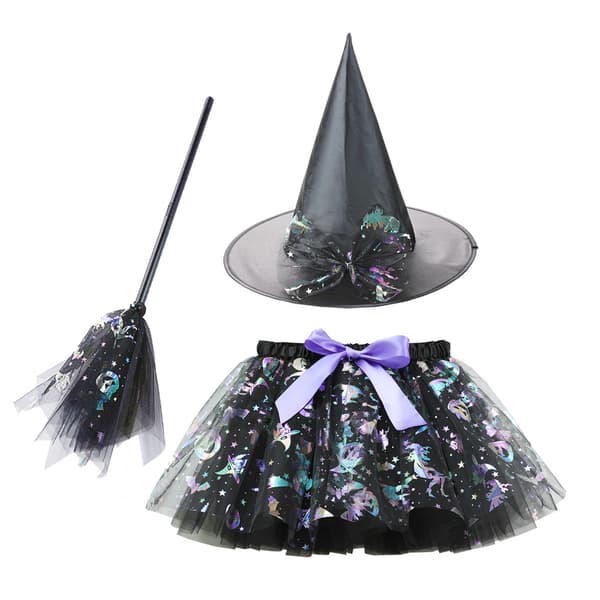 Halloween Mesh Græskar Tutu Skørt Sæt med Heksehat og Kost Tilbehør til Piger RSX18 + Silver Glitter Broom S