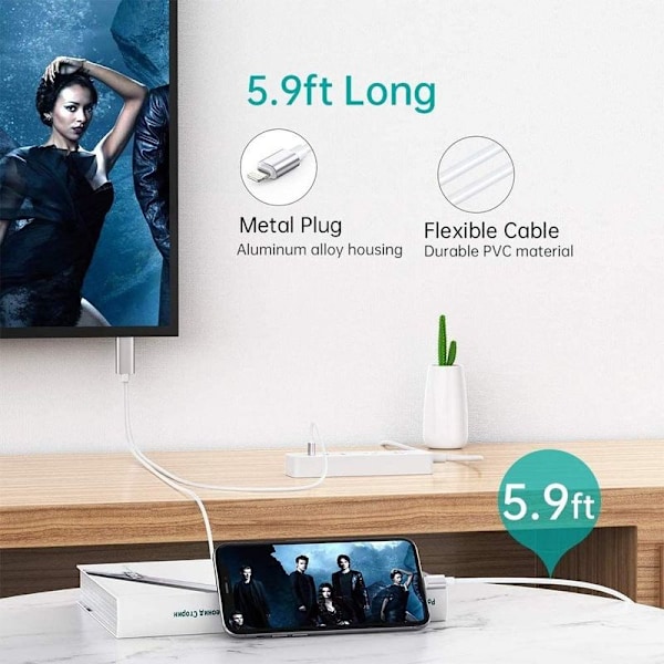 Lightning til HDMI Kabel Adapter, iPhone iPad til TV, 1080p