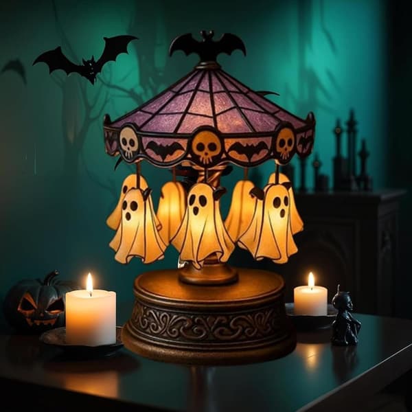 Halloween Ghost Carousel Lights, USB Rechargeable Floating Ghost Night Light, Spooky for Bedroom, Table Lamp