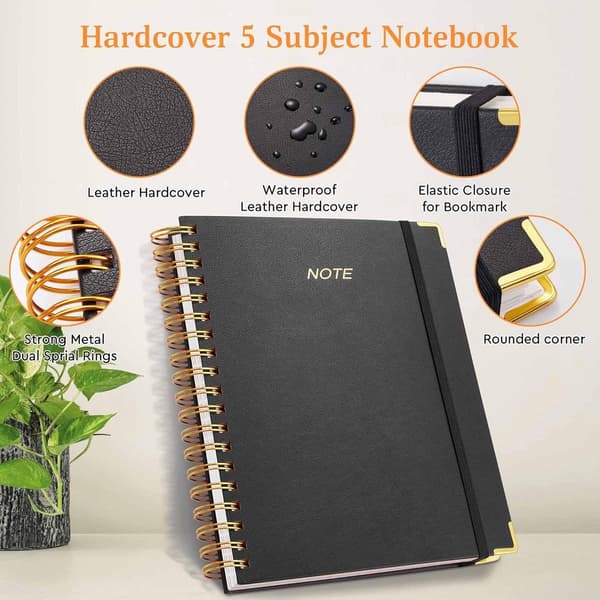 A5 Notesbog - Journal - Planner - Ringbindsnotesbog med Linjerede Sider - Læderomslag - 300 Sider (15 x 21,5 cm - Sort)