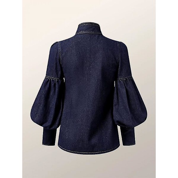 Trendig imitation denim puffärm blus med rosett för kvinnor vår och höst hög hals S storlek