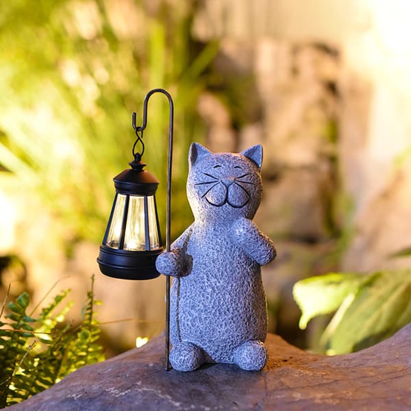 Soldrevet Havestatue Kattefigur, Havedekoration med Solcellelampe