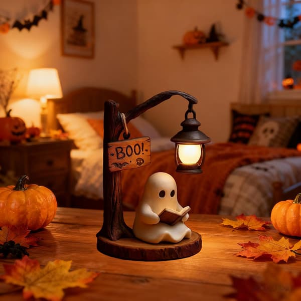 Cute Ghost Reading Book LED Statue Night Light, Halloween Figurine Lamp - Indoor Party Decor for Home, Office, Kitchen, Tabletop