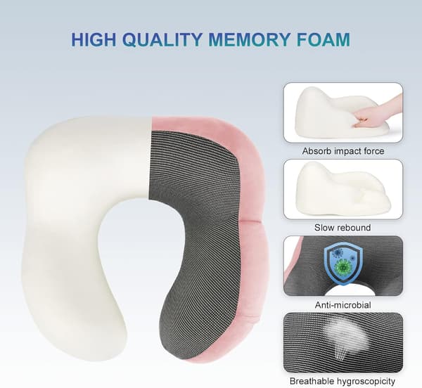 Justerbar Resekudde i Memory Foam med Öronproppar och Ögonmask Rosa för Flygplan och Bil