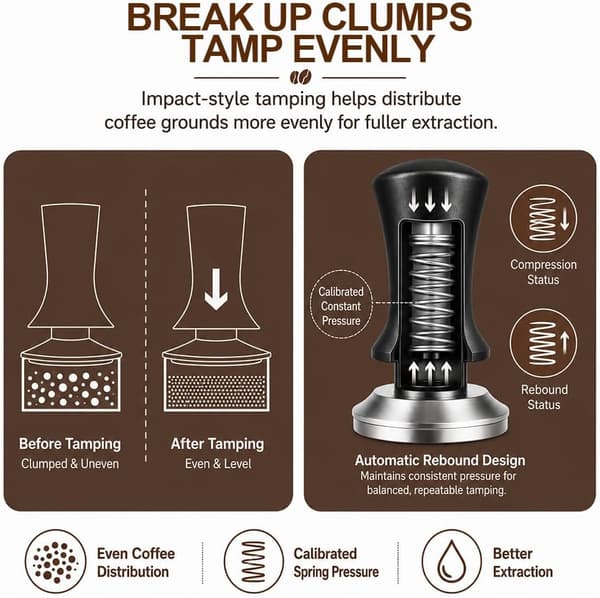 Tamper 51/53/58mm, Trykregulerende Kaffetamper, Espressotamper i Rustfrit Stål med Fjeder og Rillet Base 58MM