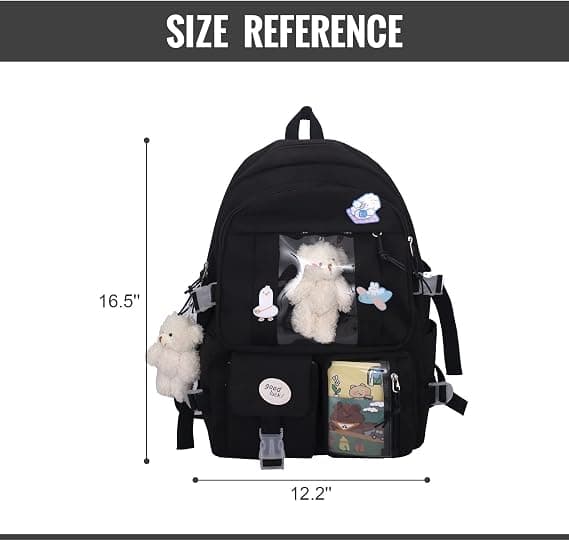 Kawaii School Backpack for Girls Cute Aesthetic Backpack School Bag with Pins and Accessories Black