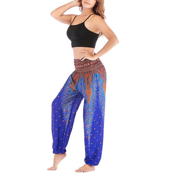 Boho Yogabukser til kvinder - Pilatesbukser med tryk, løs pasform og baggy haremstil - Perfekt til strand, yoga, dans og mere Blå Blue One Size