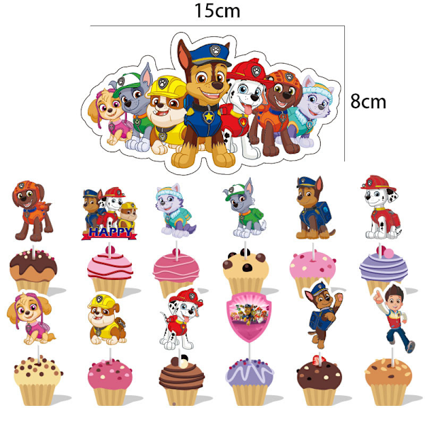 12-delt Paw Patrol-dekorasjon, kakedekorasjoner for bursdager, muffins