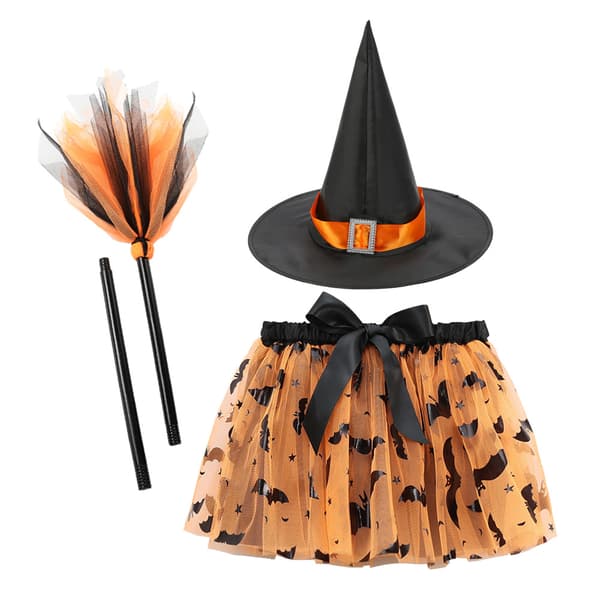 Halloween Mesh Græskar Tutu Skørt Sæt med Heksehat og Kost Tilbehør til Piger RSX18 + Silver Glitter Broom S