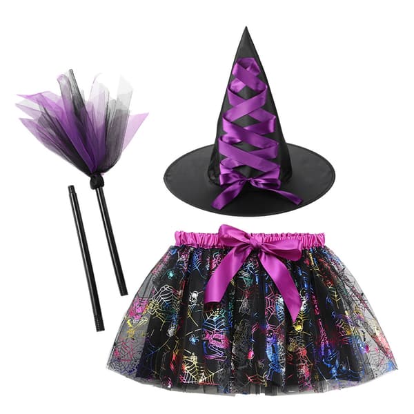 Piger Halloween Trykt Mesh Græskar Tutu Nederdel med Heksehat og Kost Tre-Delt Sæt RS24403 + Orange- M