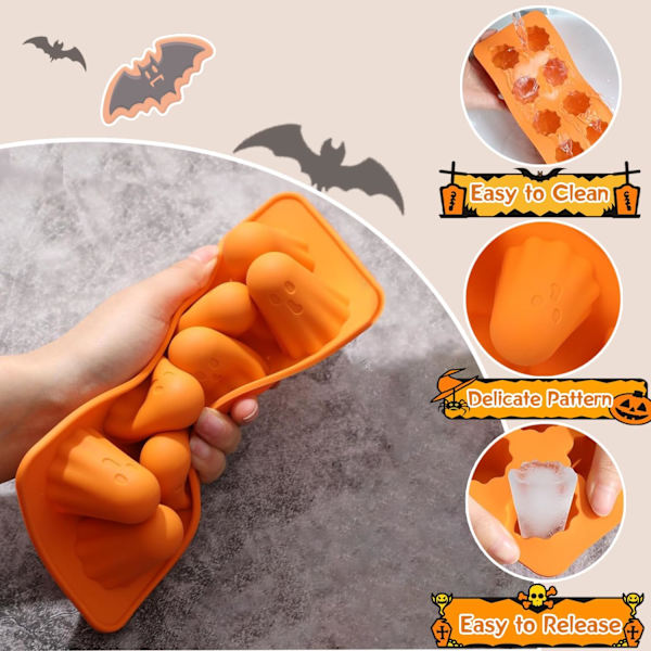 2 Stykker Halloween Silikoneforme 3D Chokoladeforme, Non-stick, Spøgelse Silikoneforme til Bagning af Gelé, Slik, Budding, Chokolade, Isterninger