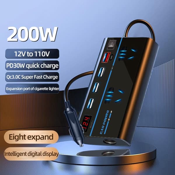 200W Bil Strømomformer DC12V til AC110V 12V Billaderplugg Kjøretøy Bil Strømadapter Konverter Bil Strømomformer Adapter med 4 USB-porter