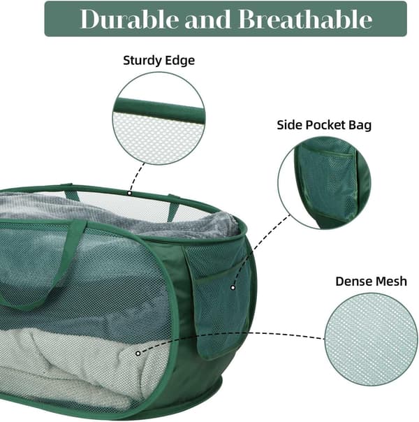 Sammenleggbar kleskurv 36x58cm netting med bred åpning og sidelomme pustende solid sammenleggbar oppbevaringsboks for grønnsaker