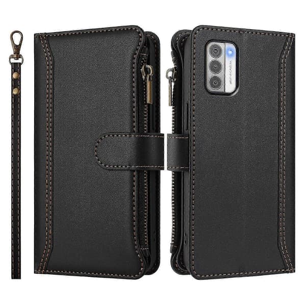 Magnetiskt Läderplånboksfodral med 9 Kortfack, Blixtlåsficka och Handrem för Säker Förvaring For Nokia G42 / G310