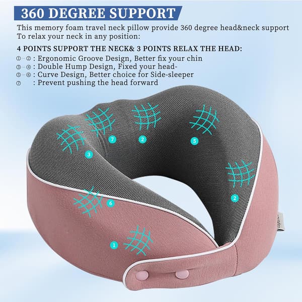 Uppgraderad Rese Nackkudde 100% Ren Memory Foam Kudde Flygplan Sovkudde Portabla Flygplanstillbehör Rosa