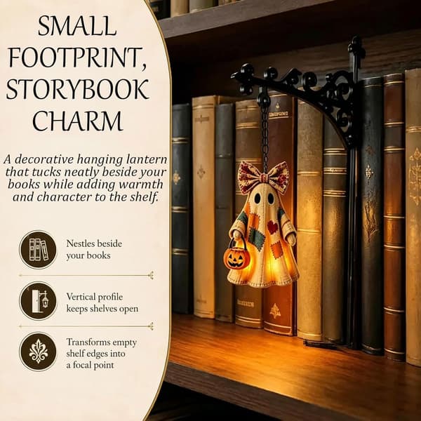 Book Lamp, Library Lantern Mini Bookshelf Lamp LED Bookshelf Lantern with Hanging Lantern, Warm Amber LED, Wireless, Slim Design Fits Between Books