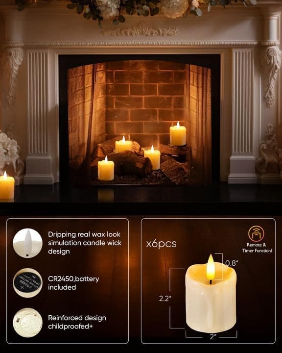 2\" x 2\" Timer Flammeløse Lys, 6-pakning 3D-veke Elektriske Lys til Jul (Hvit) White