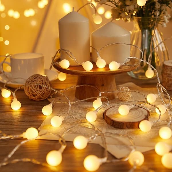 1.7cm White Ball LED Warm String Lights, 6m 40 LEDs, USB & Battery Powered, Outdoor Camping & Christmas Lighting 6m