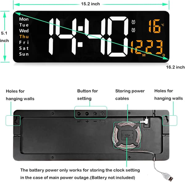Stor digital väggklocka med fjärrkontroll 16 tum LED väckarklocka med stor display och datum dag temperatur timer för hem sovrum
