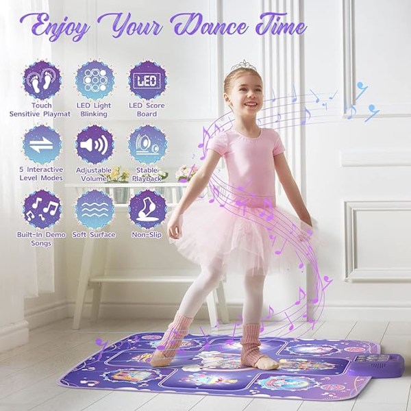 Unicorn Dansematte med 5 spillmoduser, LED-lys for jenter 3-12 år