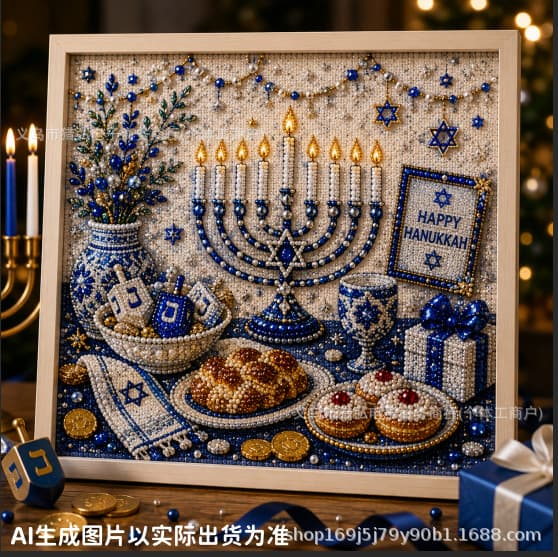 Hanukkah Perlekunstsæt: Håndlavet DIY Perlepynt Håndværkssæt 20*20cm Framed DIY Material Kit Spinning Top Coin