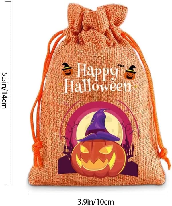 Halloween Pumpa Godisväskor 24-pack Orange Dragskoväskor Presentpåsar Jack O Lantern Design Hampa Jute Snacks Påsar 10x14cm