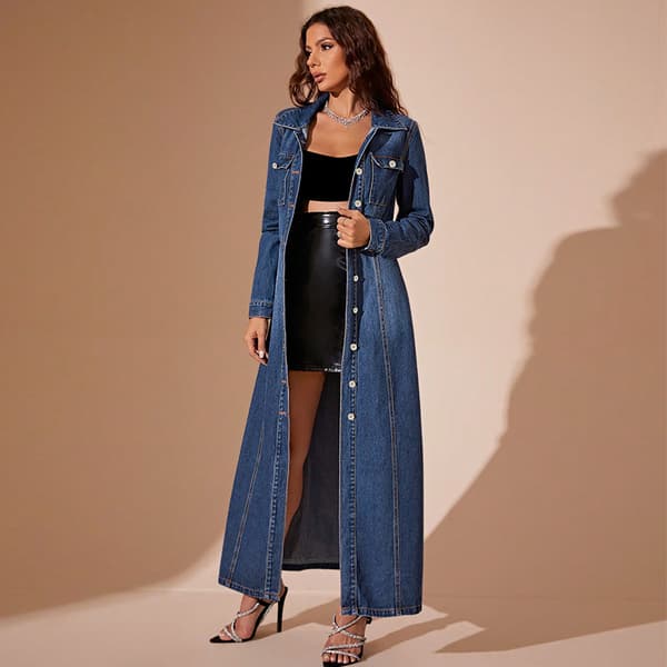 Lang Denimkjole Dame Midi Skjortekjole Mørkeblå Dark Blue XL