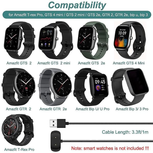 Oplader kompatibel med Amazfit Gts 2, Gts 2 Mini, Gts 2e, Gtr 2, Gtr 2e, Gts 4 Mini, T-rex Pro, Bip 3, Bip U Smartwatch, Opladerkabel Doc null