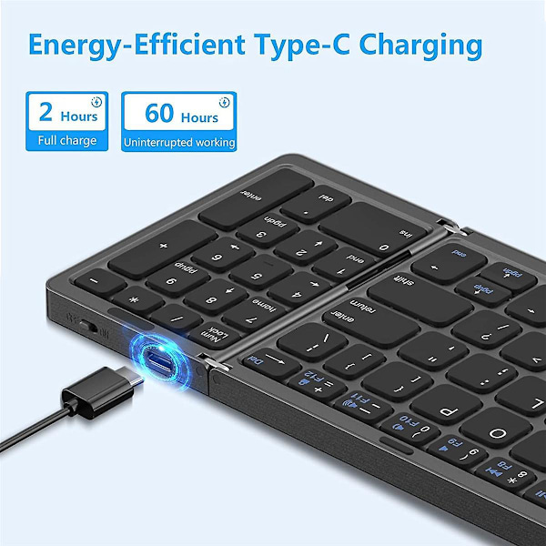 Sammenleggbart Bluetooth-tastatur, USB oppladbart trådløst tastatur for iOS, Android, Windows PC Laptop