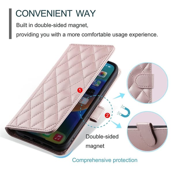 SKALO iPhone 17 Pro Quilted Shoulder Strap Wallet Case - Rose Rosa guld pink
