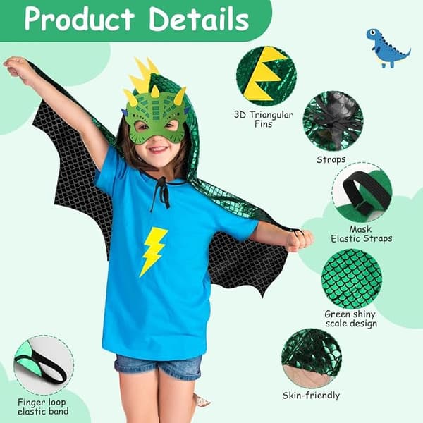 Dinosaurkappe, dinosaur-karnevalskappe, karnevalskostyme for barn med maske, dinosaurkappe
