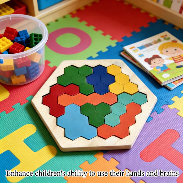 Färgglad Hexagonal Träpusselleksak för Barn Hexagon Puzzle