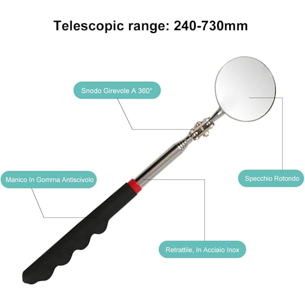 Teleskopiske spejle, 360 graders roterende inspektionsspejl, Telesco