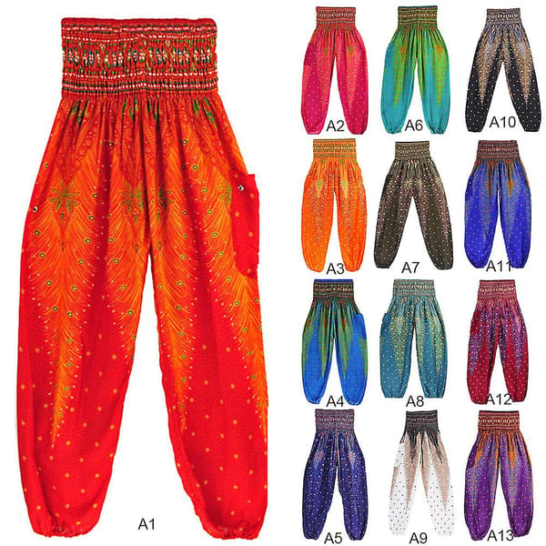 Boho Yogabukser til kvinder - Pilatesbukser med print, løs pasform og baggy haremstil - Perfekt til strand, yoga, dans og mere Rød Red One Size