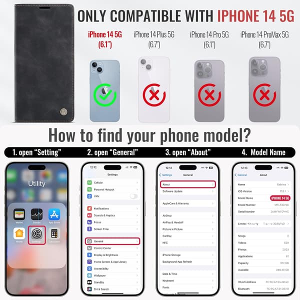 iPhone 14 8G skyddsfodral, PU-läder flip plånboksfodral med kortfack. black