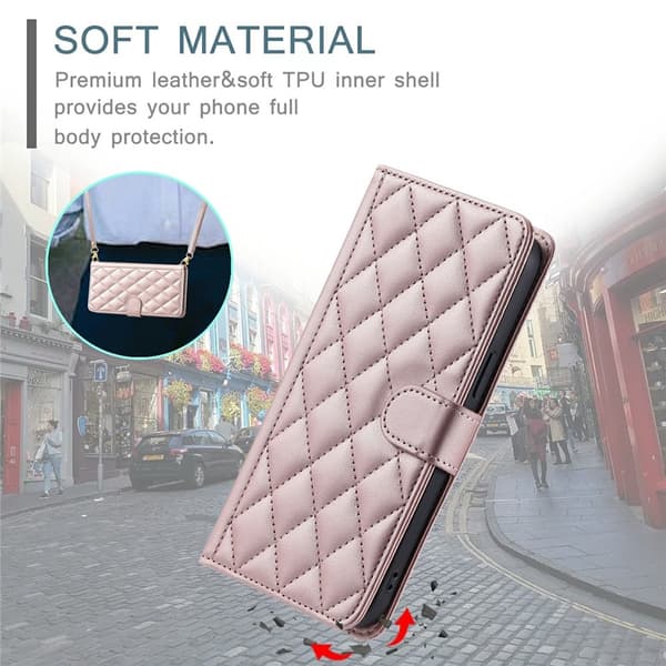SKALO iPhone 17 Pro Quilted Shoulder Strap Wallet Case - Rose Rosa guld pink