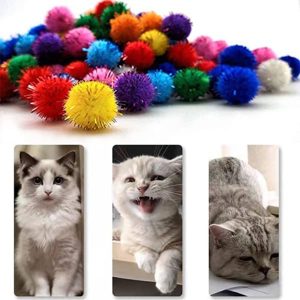 3 cm Fuzzy Glitter Pompom Bolde til Indendørs Katte - Glitrende Legebolde med Lametta til Killinger, Ikke-Giftige Katte Jagtlegetøj, 60-Pak