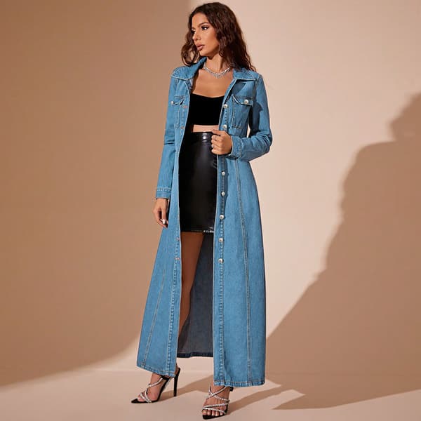 Lang Denimkjole Dame Midi Skjortekjole Lyseblå Light Blue 2XL