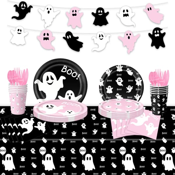 Halloween Servisesett Engangs Papirtallerkener Kopper Duk Spøkelsesfestdekor 4-piece set