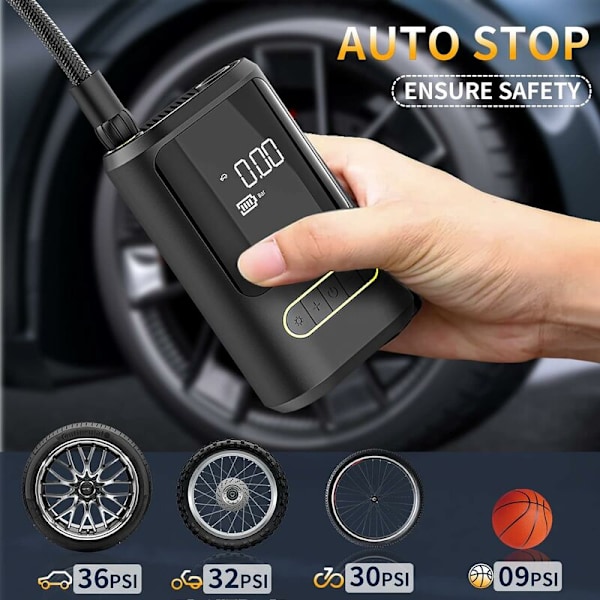 6000mAh Mini Elektrisk Luftpump, Portabel Luftkompressor Sladdlös Däckpump 150PSI med Digital LCD-Display, Uppladdningsbar Luftpump för Bil
