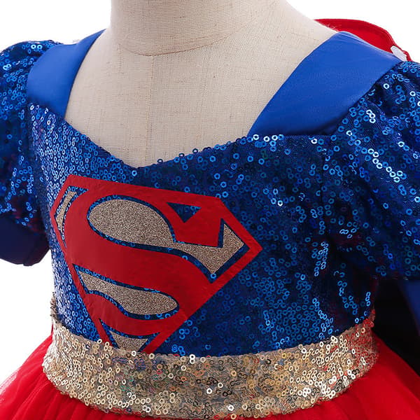 Piger Patchwork Kjole Med Superman Kappe Cosplay Kostume Til Børn D1105 Dark Blue + Cape 80cm