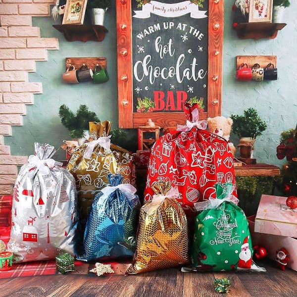 30 st Julklappspåsar i folie med snören, presentpåsar Mylar godispåsar (Stor Medium Liten) Blå, Grön-xindaren