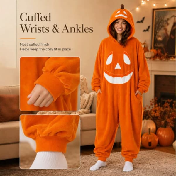 Halloween Gresskar Hette Onesie Pyjamas Sett, Plysj Gresskar Pyjamas, Stor Størrelse Smiley Pumpkin - Orange XL