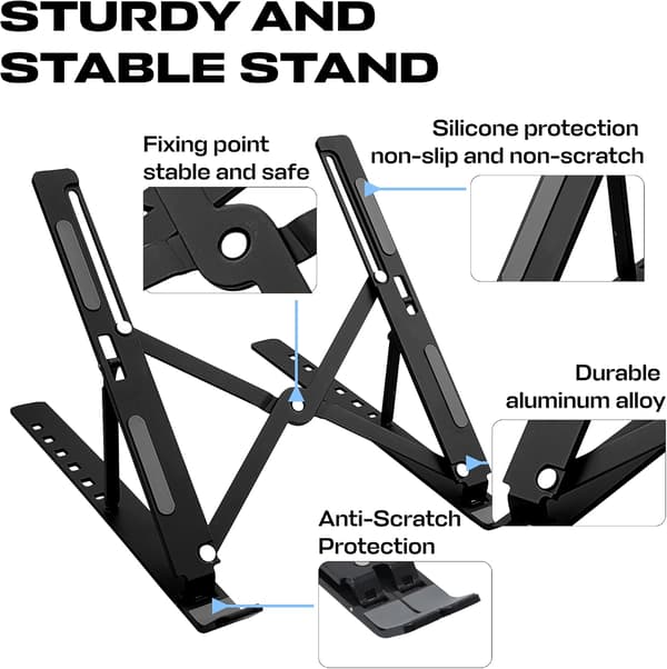 Foldbar tabletholder til bilens instrumentbræt med varmeafledning, sort stativ til 10-12 tommer enheder