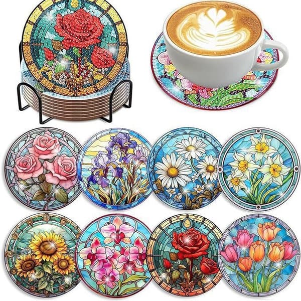 Jouluinen timanttimaalauslasinalussarja, tee-se-itse kimaltelevat juoma-alustat metallitelineellä 510