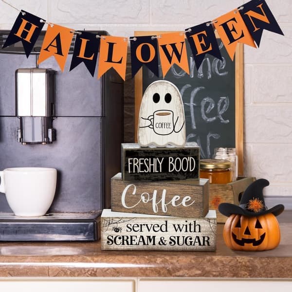 4-pack Halloween Bordsdekoration - Kaffespöke Träskyltar Tiered Tray Dekor