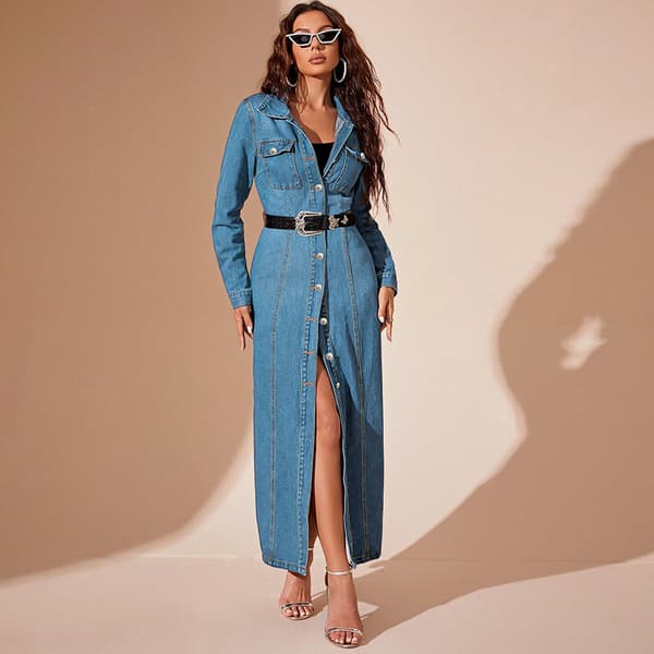Pitkä farkkumekko naisille, midi-paitamekko, vaaleansininen Light Blue M