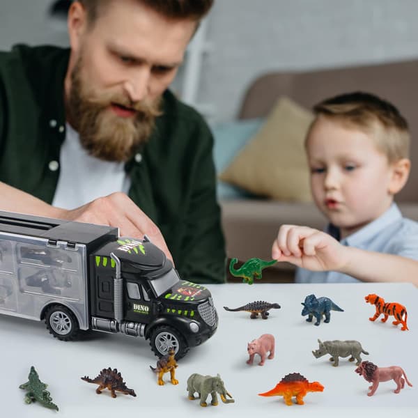 Lastebil med dinosaurleker, 12 mini-dyr, dinosaurer