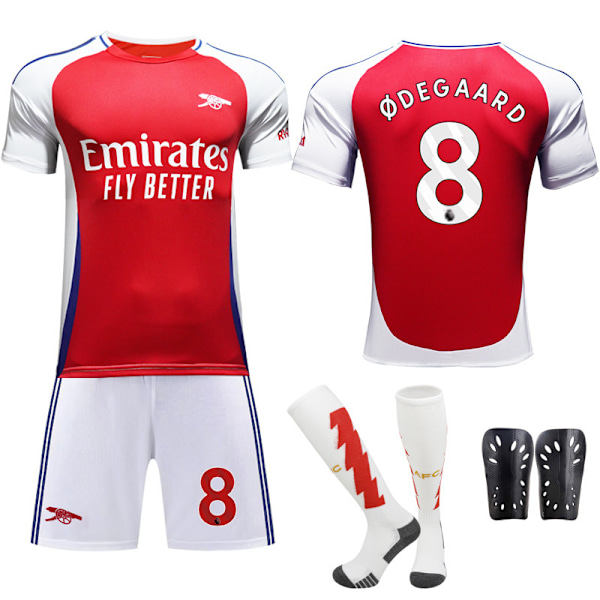 2024-25 Arsenal fotbollströja set tröja nr 7 Saka 9 Jesus 8 Odegaard röd No size socks + skyddsutrustning(#24,No size socks + skyddsutrustning)